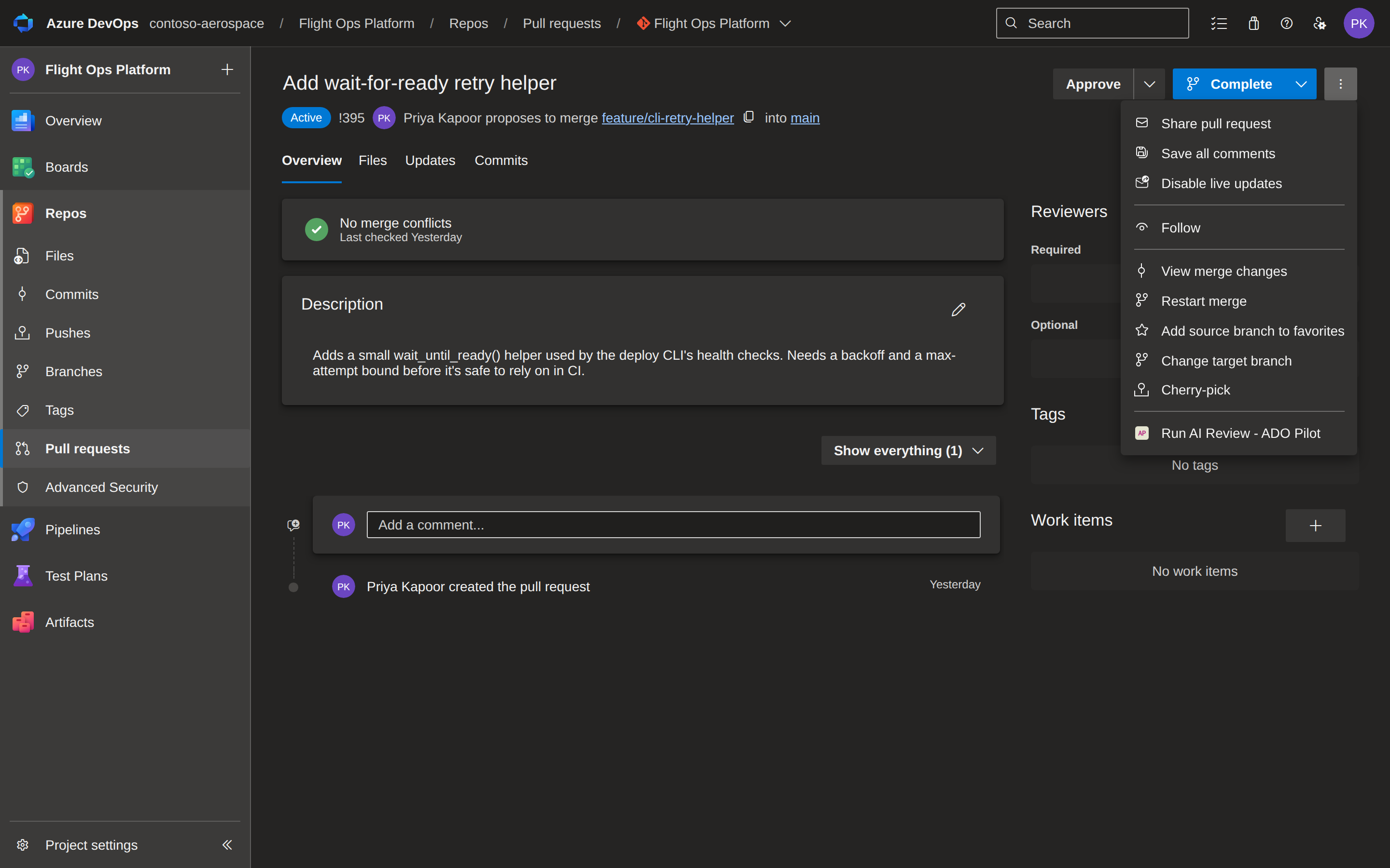 Clicking Run AI Review in the PR overflow menu to trigger a fresh review without pushing a commit.
